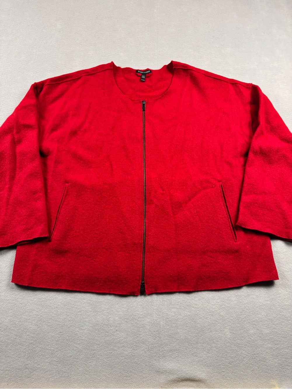 Eileen Fisher Boiled Wool Red Zip Up Sweater Jacket Womens XL Boxy Chic Moto